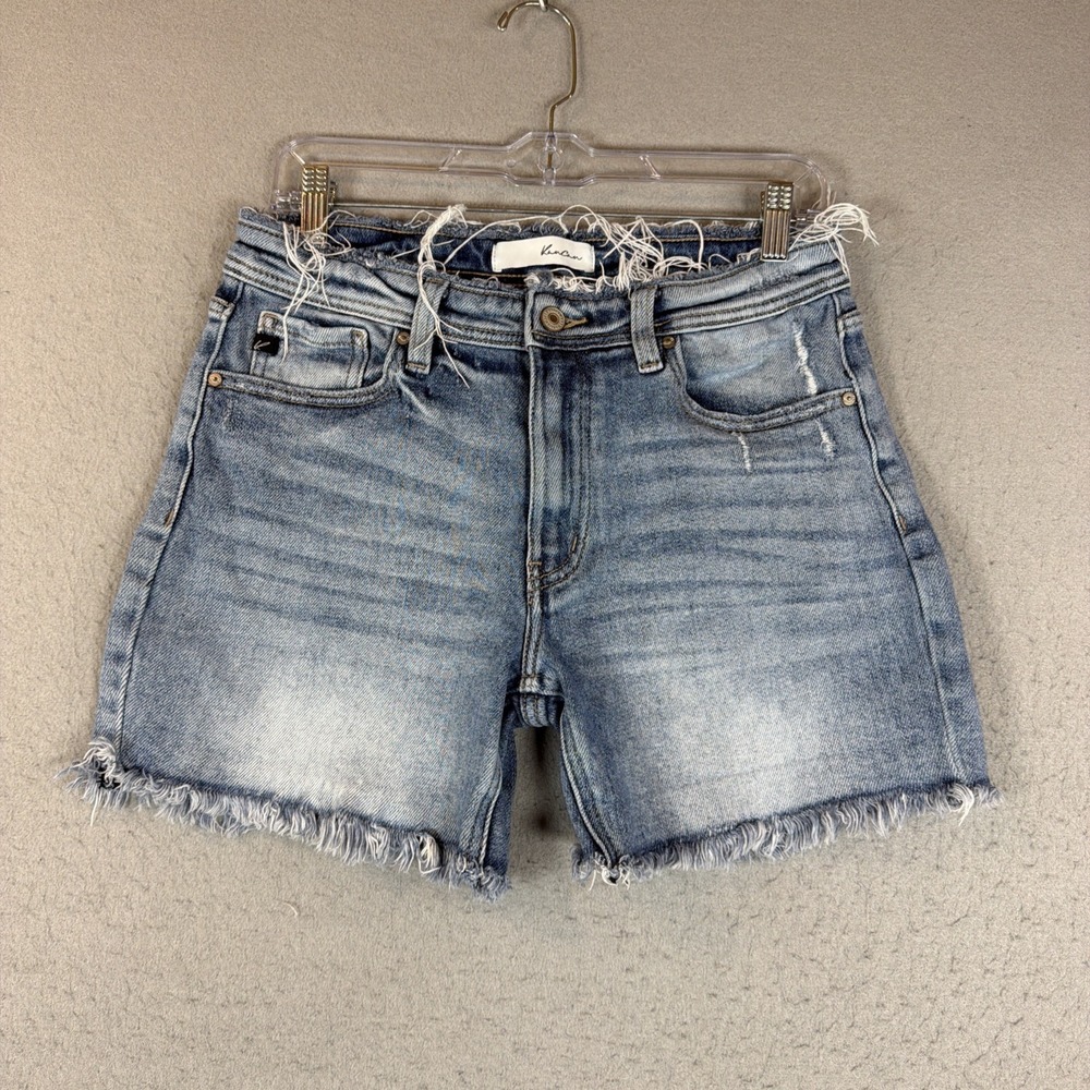 KanCan Women Distressed Denim Shorts High-Rise Raw Hem Raw Waist Size Large